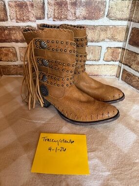 Double D Ranch Suede Fringe & Concho Studded Ankle Boots in Cognac
